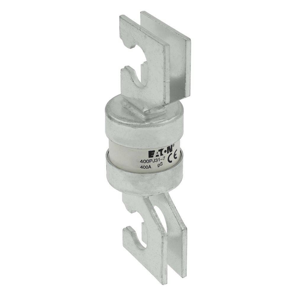 Eine zylindrische Eaton-Sicherung mit Metallkontakten ist abgebildet. Sie ist mit 400 Ampere bewertet.