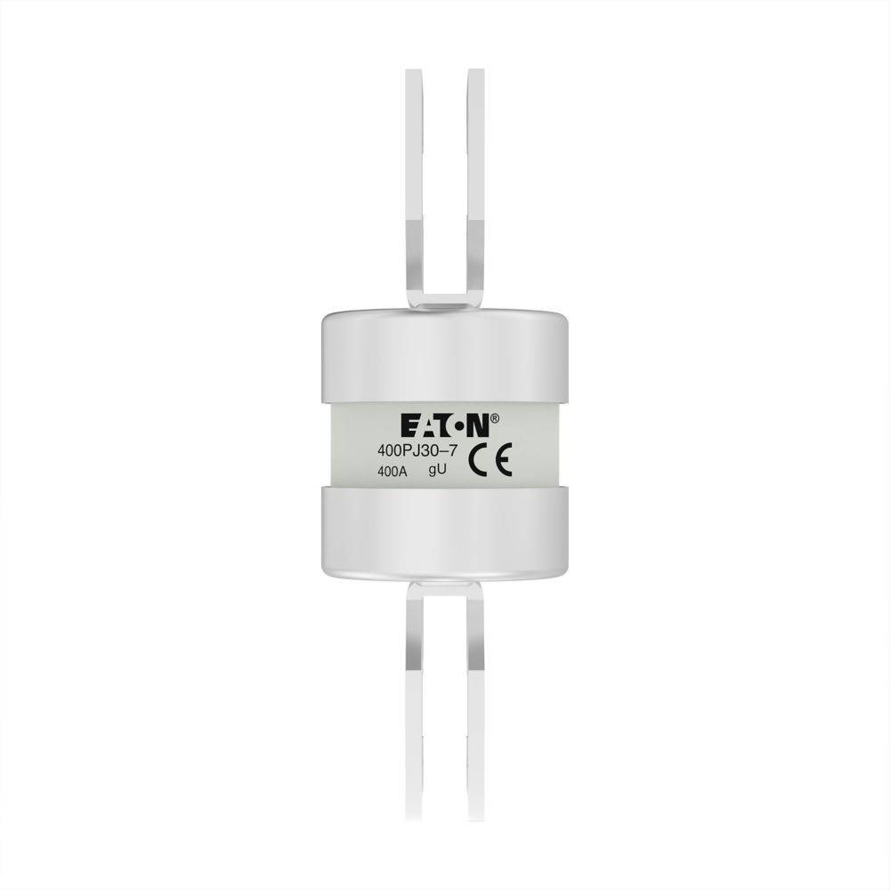 Ein zylindrischer elektrischer Sicherungseinsatz mit der Bezeichnung 'Eaton 400AP30-7 400A gU CE', der an beiden Enden zwei Metallstifte aufweist und typischerweise in Anwendungen mit hohen Stromstärken verwendet wird.
