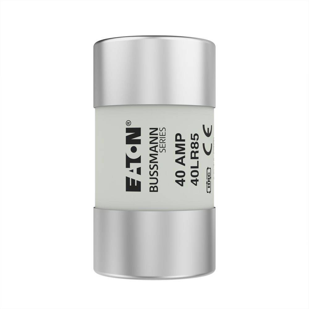 Eine zylindrische silber-weiße Sicherung mit dem Text 'Eaton Bussmann Series 40 AMP 40LR85'.