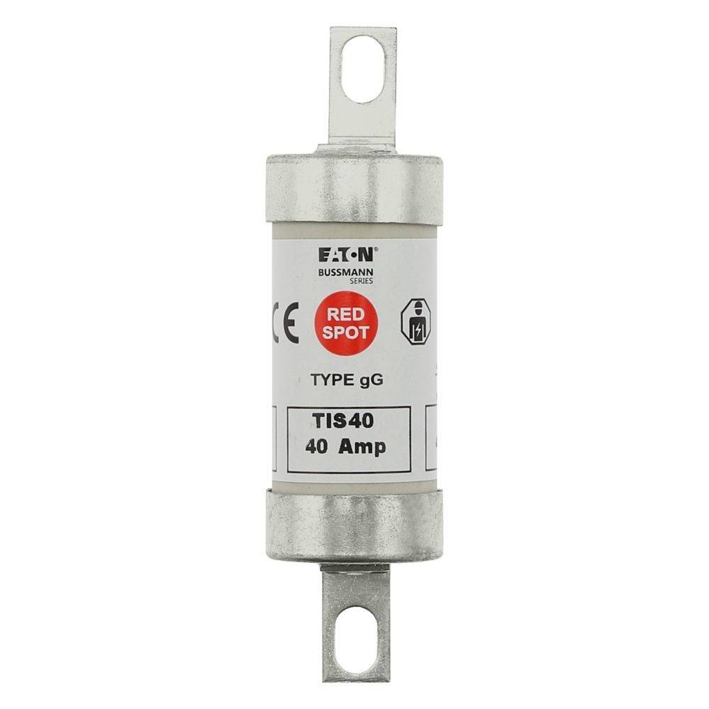 Eaton Bussmann TIS40 40 Ampere Rot-Punkt-Sicherung mit Metallsteckverbindern an beiden Enden, verwendet für elektrische Sicherheit und Stromkreisschutz.