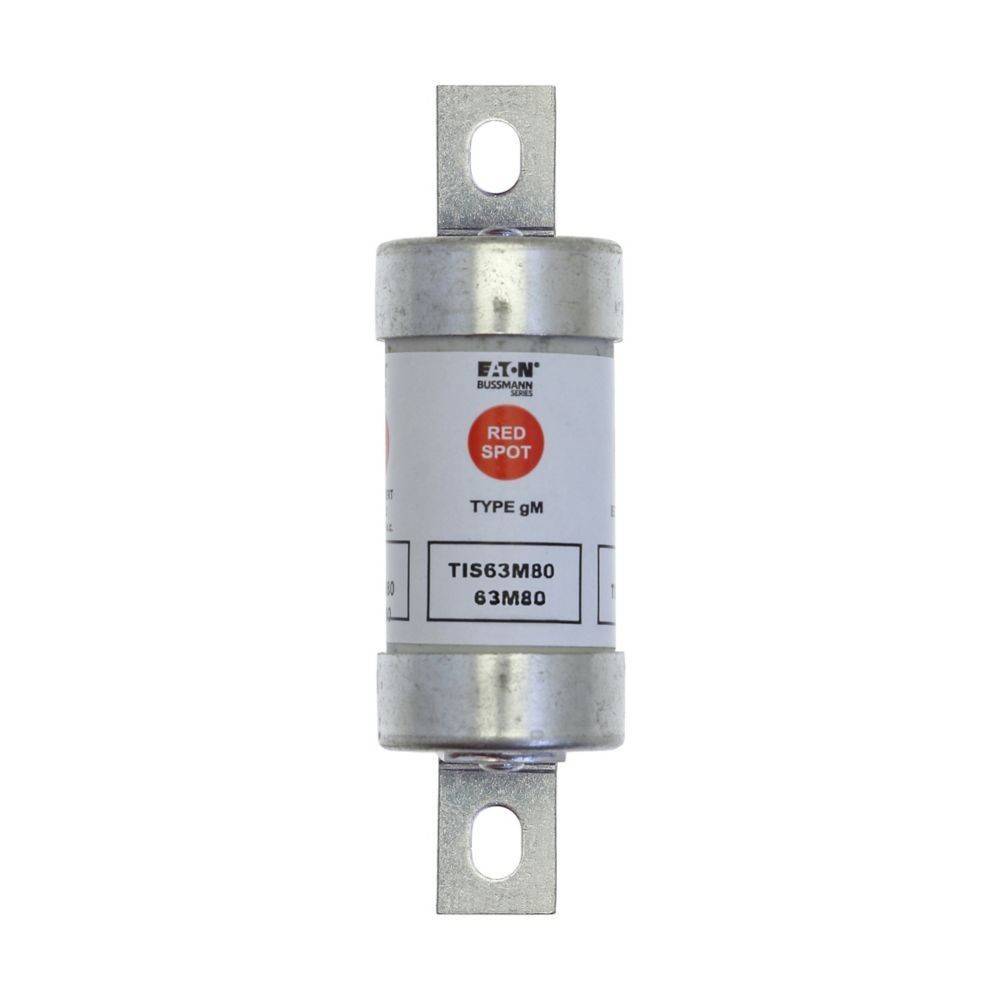 Eine Zylindersicherung mit der Bezeichnung 'Red Spot Type gM' und metallischen Enden für elektrische Anschlüsse. Produktcode 'TIS63M80 63M80' sichtbar.