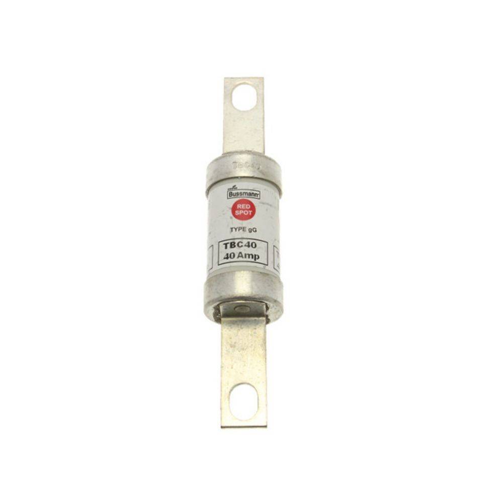 Eine zylindrische 40-Ampere-Bussmann-TBC-Sicherung mit Metallanschlüssen an beiden Enden, konzipiert für elektrische Schaltkreise.