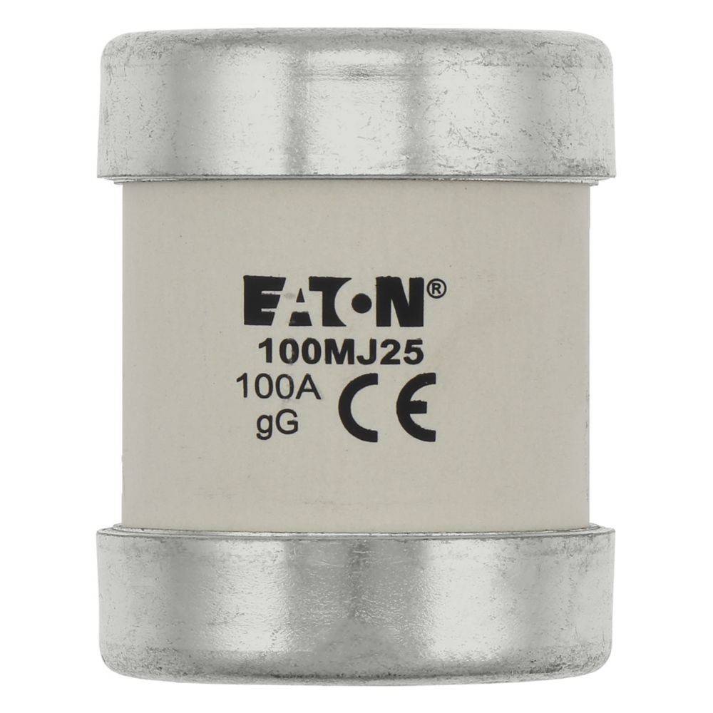 Eine zylindrische Eaton-Sicherung mit der Bezeichnung '100A 690V' und CE-Kennzeichnung, die zum elektrischen Schutz verwendet wird. Silberne Metallkappen an beiden Enden.
