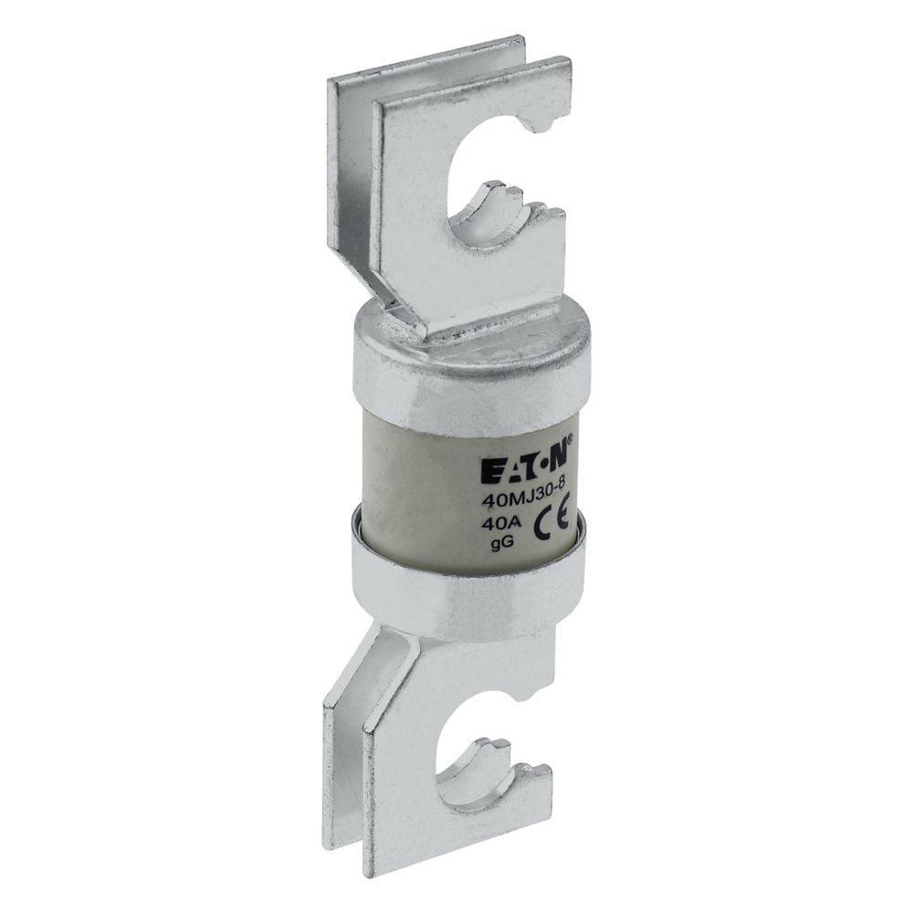 Eine zylindrische elektronische Sicherung mit Metallendkappen, beschriftet mit ‚Eaton 40MJ30-E, 40A, 9g, CE', die für den Schutz elektrischer Stromkreise entwickelt wurde.