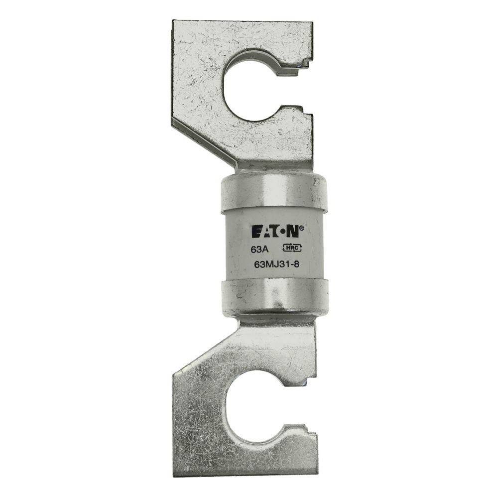 Eine zylindrische elektrische Sicherung mit Metallkontakten an beiden Enden. Die Beschriftung lautet 'Eaton 63A 63MJ31-B'.
