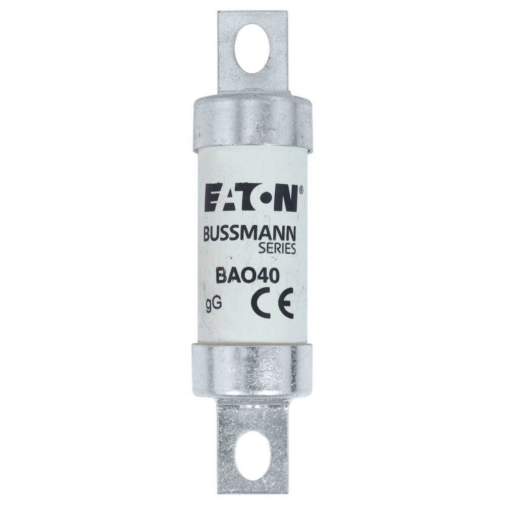 Sicherung BAO40 aus der Eaton Bussmann-Serie, Typ 9G, CE-zertifiziert, mit Metallanschlüssen für elektrische Verbindungen.