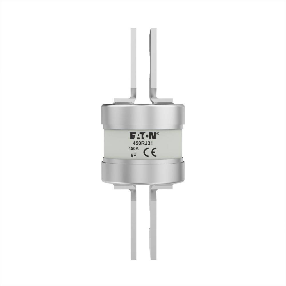 Eine zylindrische elektrische Sicherung von Eaton mit einer Nennstromstärke von 450A, mit CE-Kennzeichnung versehen, die für die Sicherheit in elektrischen Schaltkreisen entwickelt wurde.
