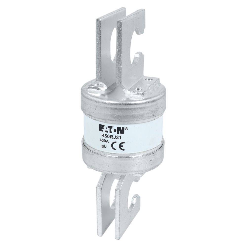 Eine silberne zylindrische elektrische Sicherung mit beschrifteter Aufschrift 'Eaton 450R31 450A 9U CE' und Metallverbindern an beiden Enden.
