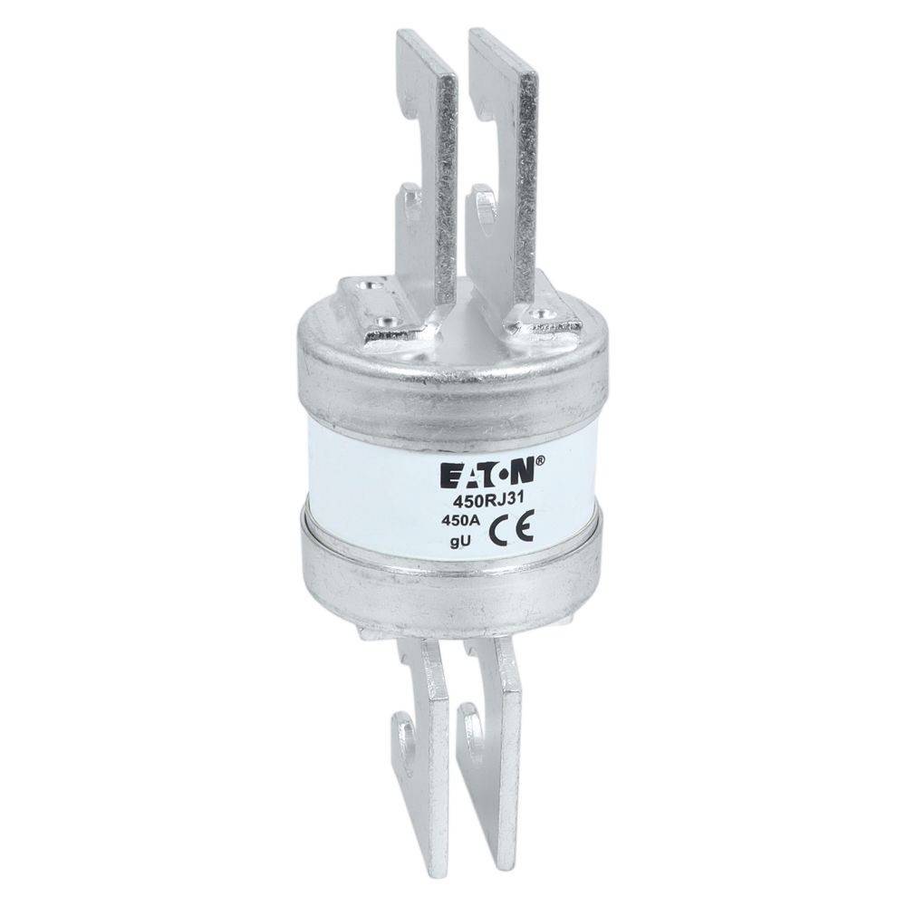 Eine zylindrische Eaton-Sicherung, mit der Bezeichnung '450A', mit zwei gabligen Metallsteckern an beiden Enden, verwendet in elektrischen Anwendungen.