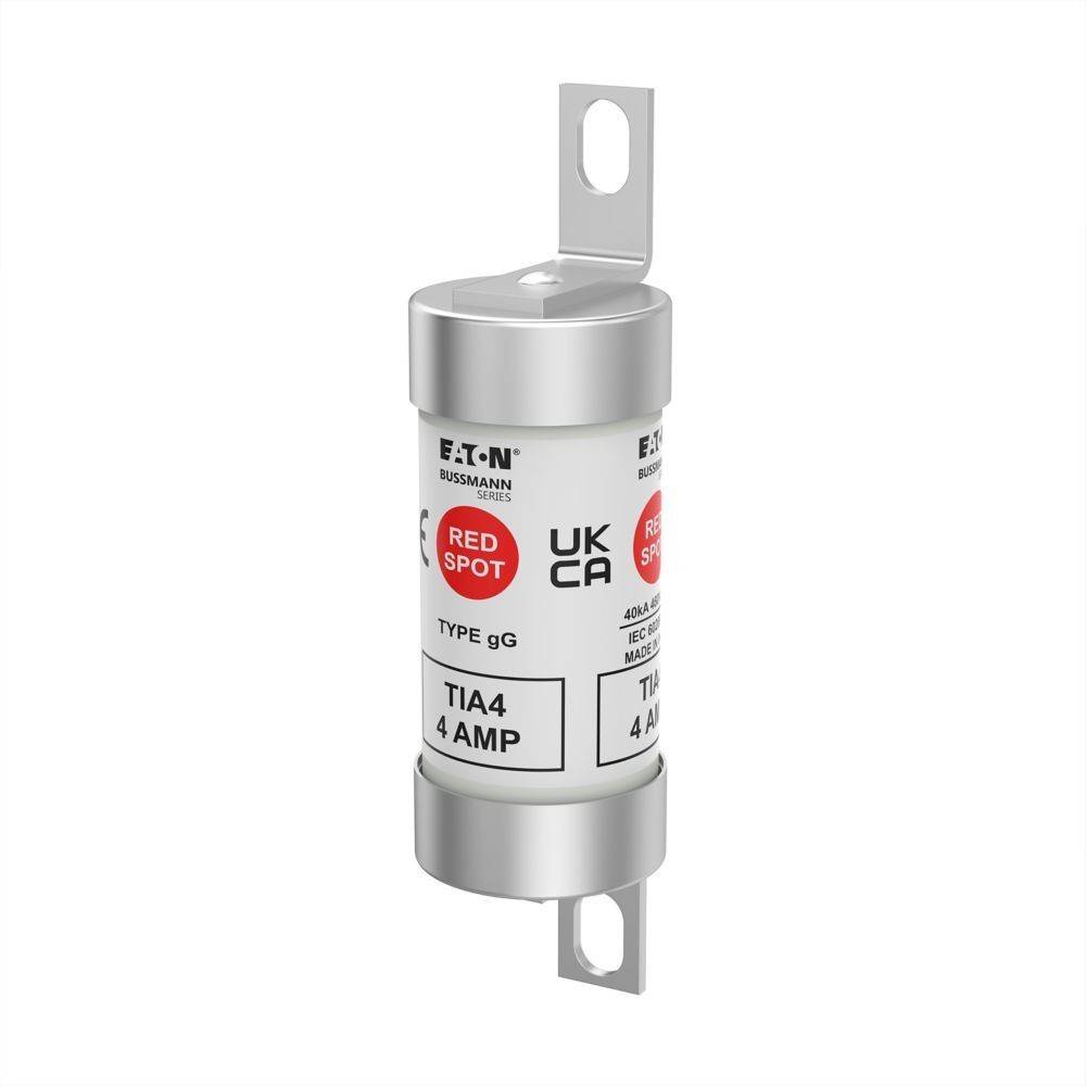 Eine zylindrische gG-Sicherung, gekennzeichnet mit 'Red Spot' und '4 AMP', mit Befestigungen oben und unten. Konzipiert für den elektrischen Leitungsschutz.