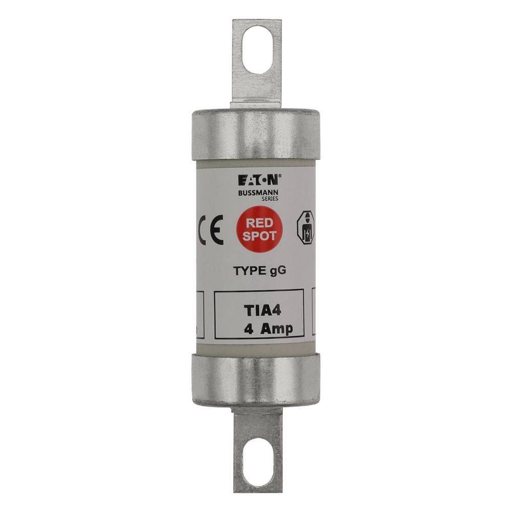 4-Ampere-Sicherung, Typ gG, mit CE-Kennzeichnung von Eaton Bussmann. Weißer zylindrischer Körper mit Metallenden, mit rotem Punkt gekennzeichnet.