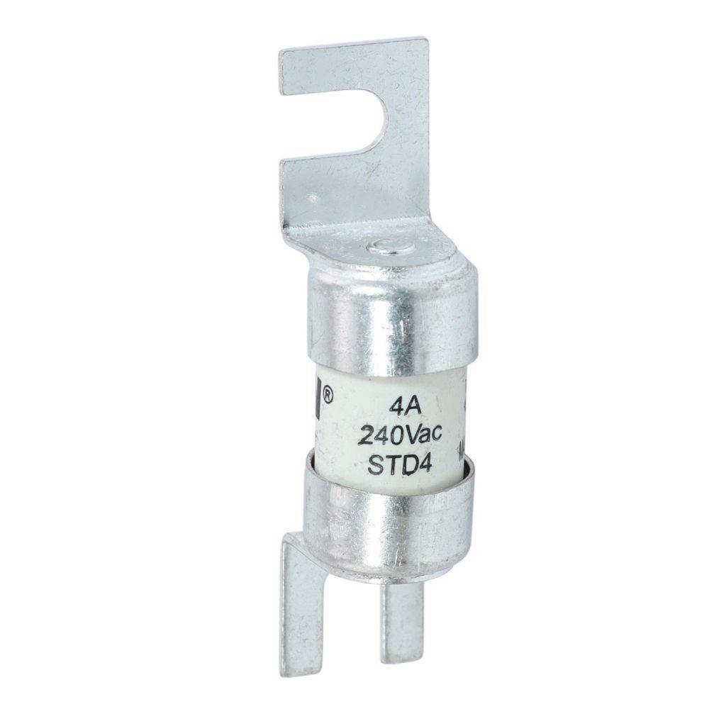 Eine 4A 240V AC-Sicherung mit Metall- und Keramikkomponenten, die zum Schutz elektrischer Schaltkreise verwendet wird. Sie ist zylindrisch und verfügt über Befestigungsklammern.