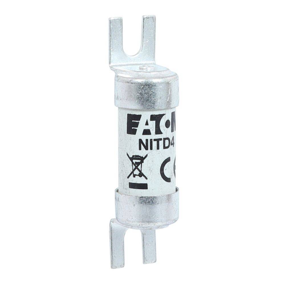 Eine zylindrische elektrische Sicherung mit der Bezeichnung 'Eaton NITD4', die metallische Anschlüsse an beiden Enden aufweist und zur Stromkreisabsicherung dient.
