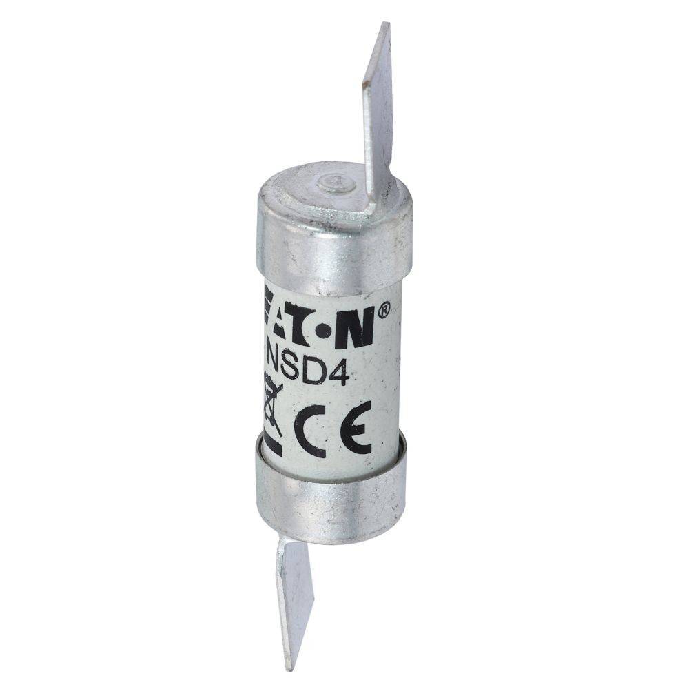 Eine zylindrische Eaton NSD4 Elektrosicherung mit Metallzapfen an beiden Enden, versehen mit dem CE-Konformitätskennzeichen.