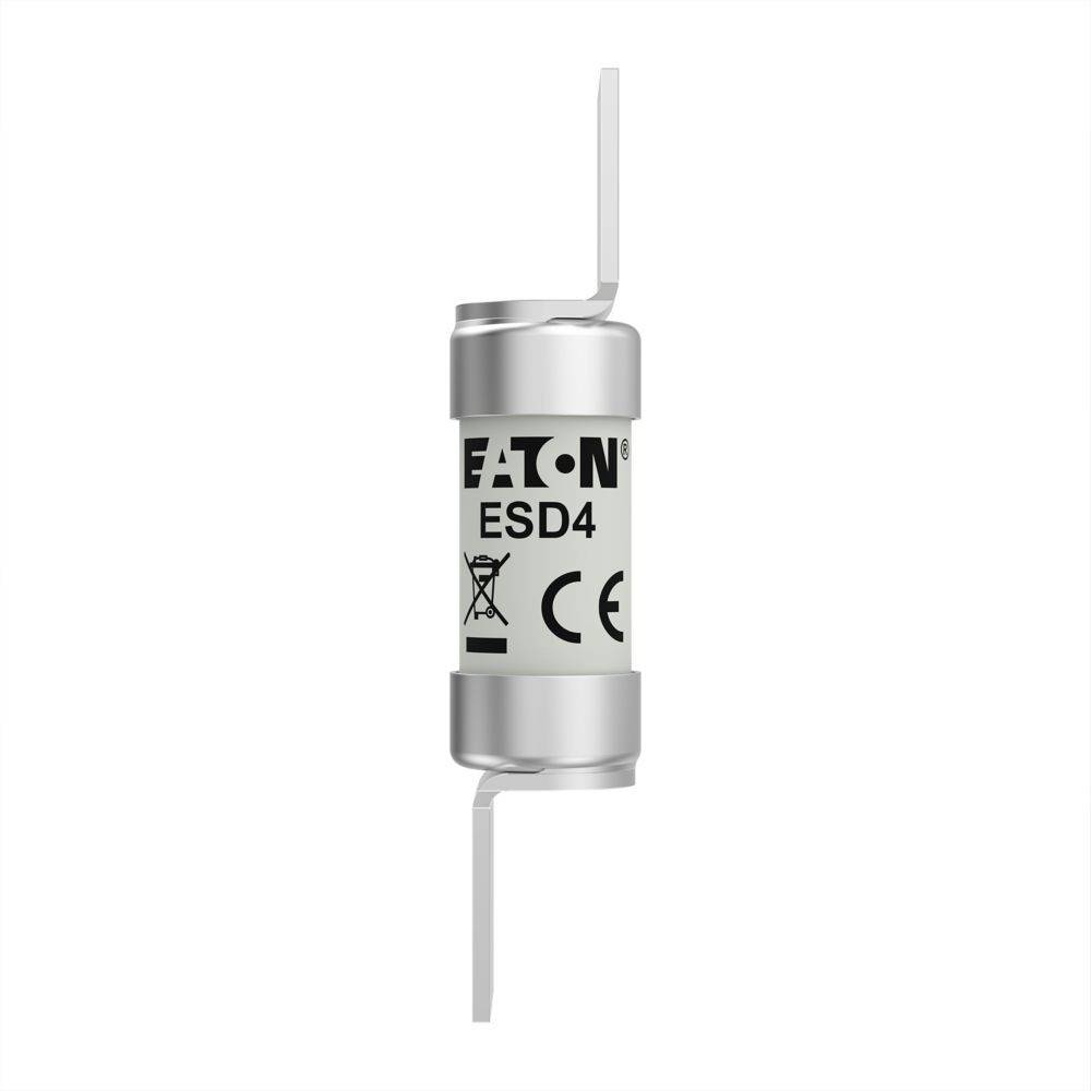 Eine zylindrische elektrische Komponente mit der Bezeichnung 'EATON ESD4', CE-Zertifizierung und einem Keine-Müll-Symbol, ausgestattet mit zwei Metallanschlüssen.
