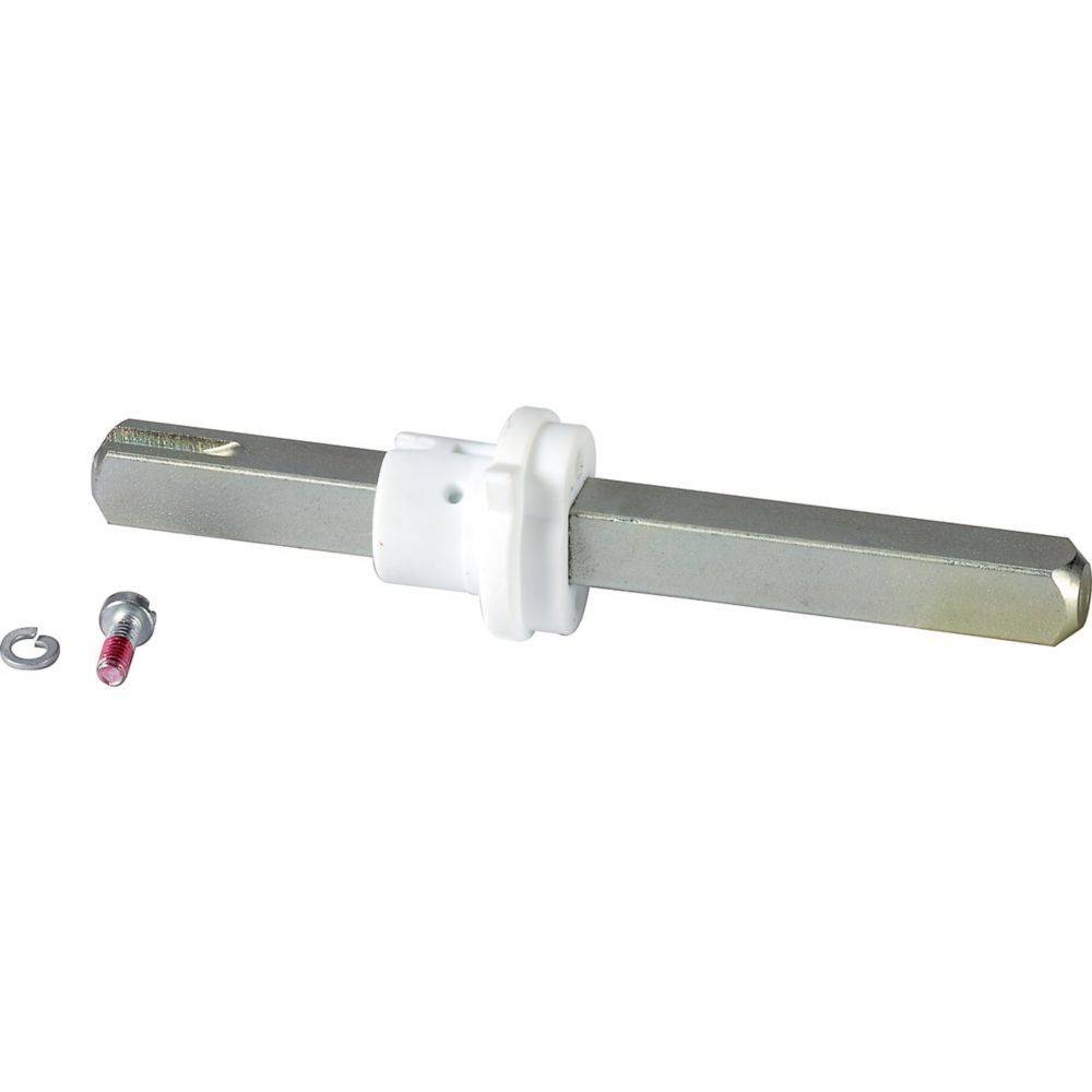 Eine Metallsechskantschraube mit einer weißen Kunststoffkomponente in der Mitte, einer rotspitzigen Schraube und einer kleinen Scheibe, höchstwahrscheinlich Teil einer mechanischen Baugruppe.