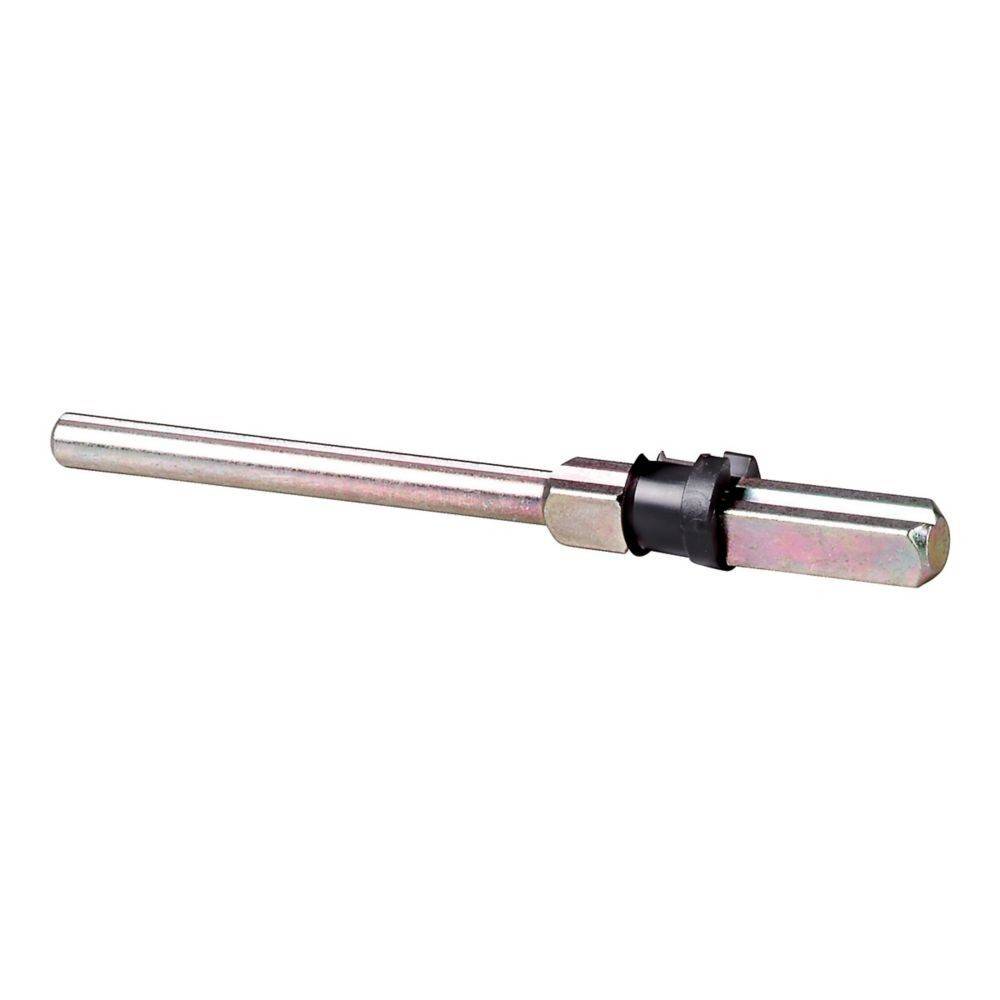 Eine Metallstange mit einem sechseckigen Ende und einem schwarzen Gummiumhang in der Nähe eines Endes, möglicherweise ein Werkzeug oder eine mechanische Komponente.