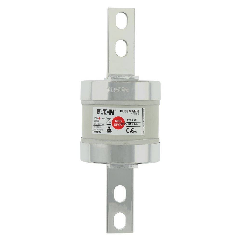 Eine Zylindersicherung mit Metallenden, gekennzeichnet mit 'Eaton Bussmann', Modell '125 V-B', entwickelt für elektrische Schaltkreise, mit Befestigungslöchern.