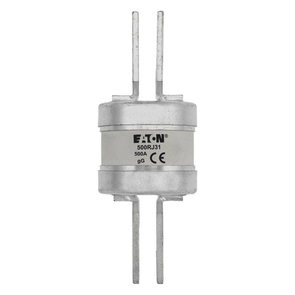 Eine zylindrische Eaton-Sicherung des Typs 500RJ31 mit vier vertikal abstehenden Metallstiften und Kennzeichnung, die 500A und CE-Zertifizierung anzeigt.