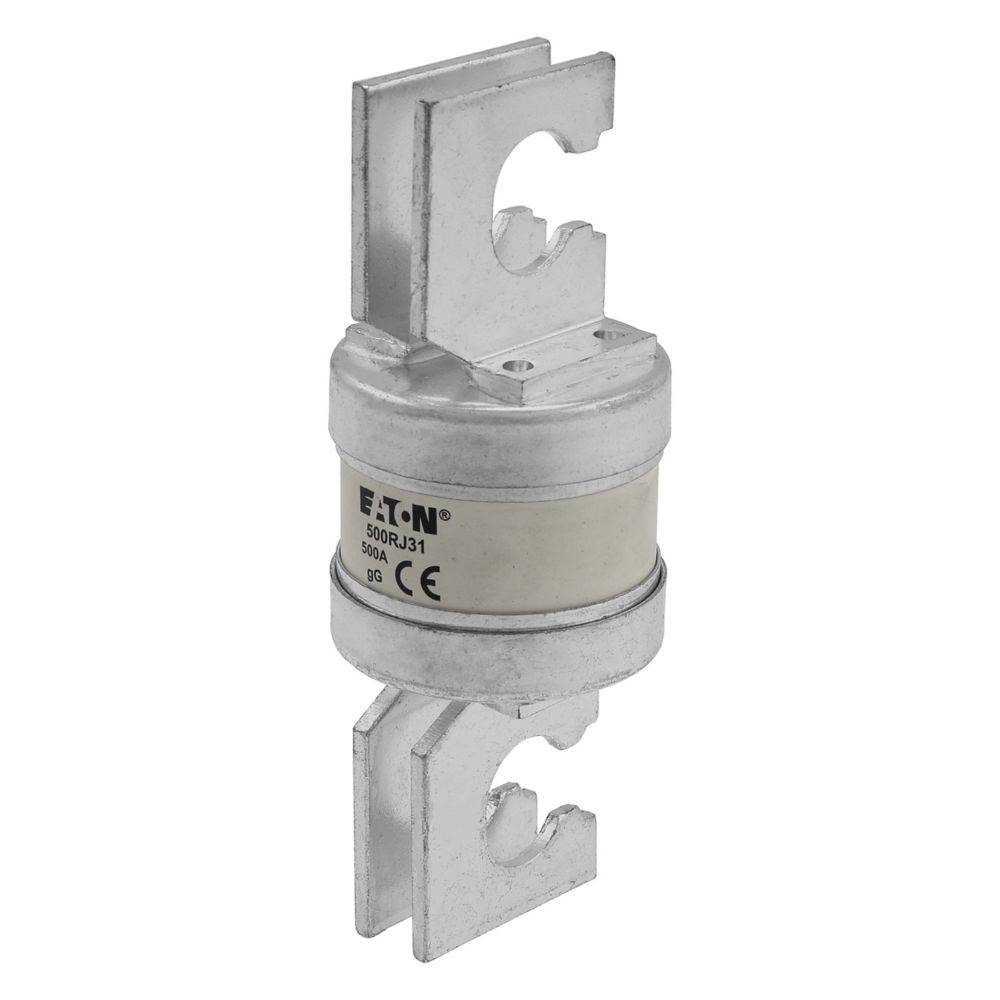 Eine Zylindersicherung mit der Bezeichnung 'Eaton 500V J31 500A CE' mit metallischen Anschlüssen an beiden Enden, konzipiert für Hochspannungsanwendungen.