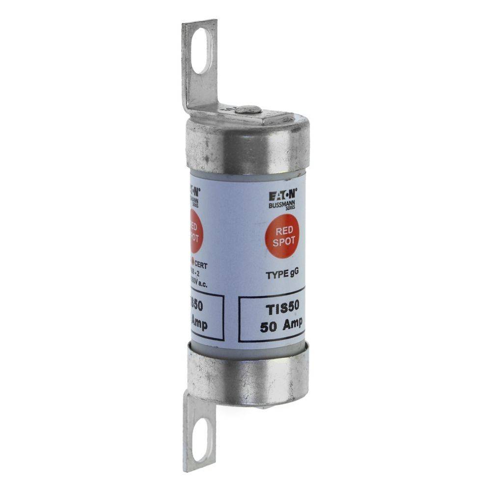 Eine zylindrische Eaton TIS50 50-Ampere-Sicherung mit Metallkontakten, versehen mit einer 'Roten Punkt'-Markierung. Verwendet zum Schutz elektrischer Stromkreise.