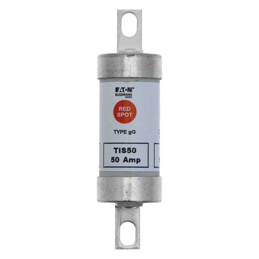 Ein zylindrischer elektrischer Sicherungseinsatz mit der Bezeichnung 'Typ gG', 'Roter Punkt', 'TIS50 50 Ampere' mit Metallkontakten an beiden Enden, verwendet zum Schutz elektrischer Schaltkreise.