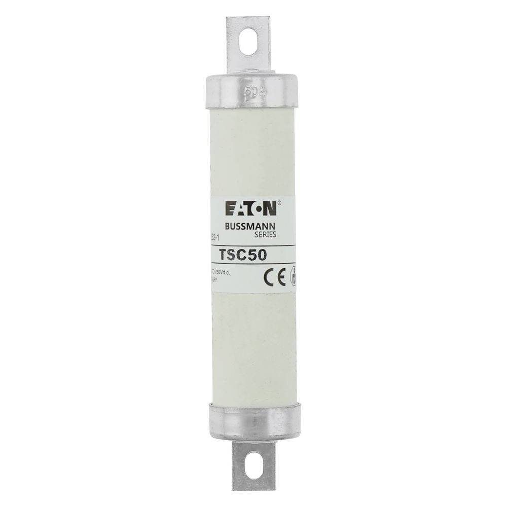 Eine Zylindersicherung mit der Beschriftung 'Eaton Bussmann Series TSC50' mit metallischen Endkappen.