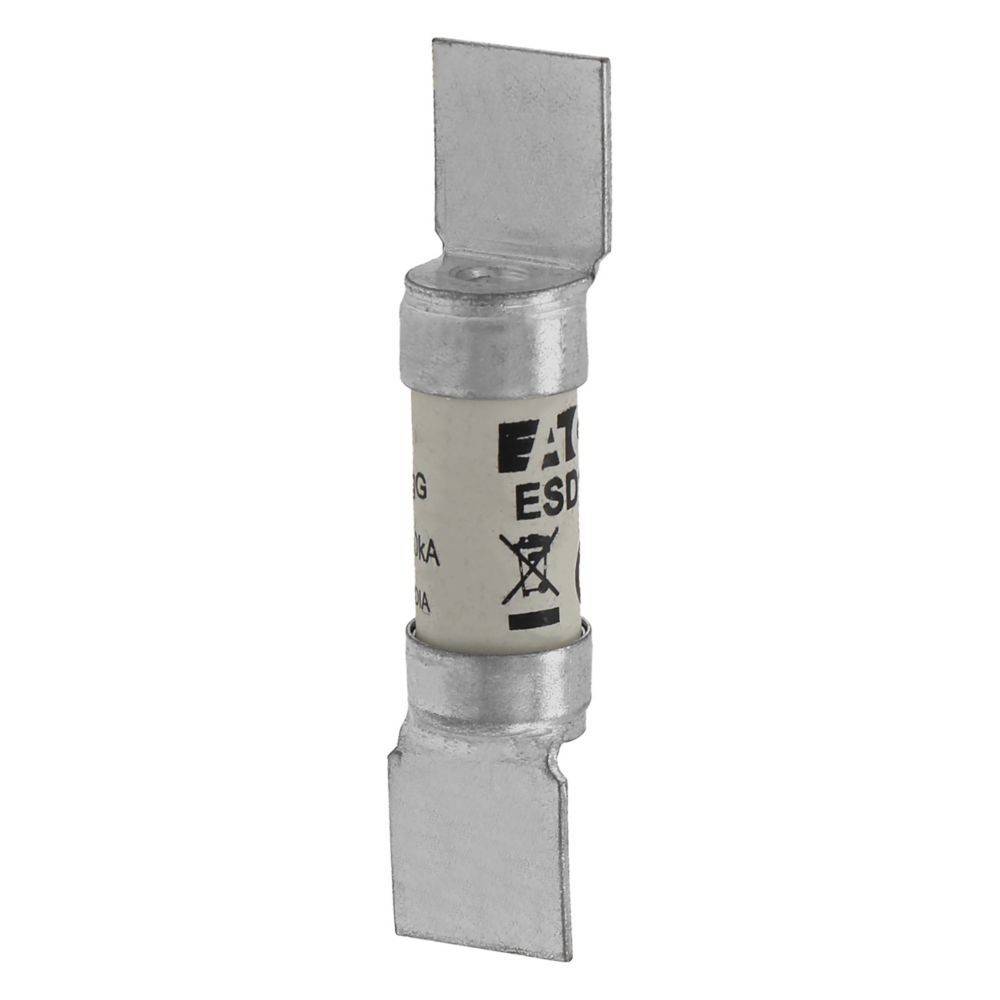 Eine silberne elektrische Sicherung mit flachen Metallverbindern, beschriftet mit 'Eaton'.