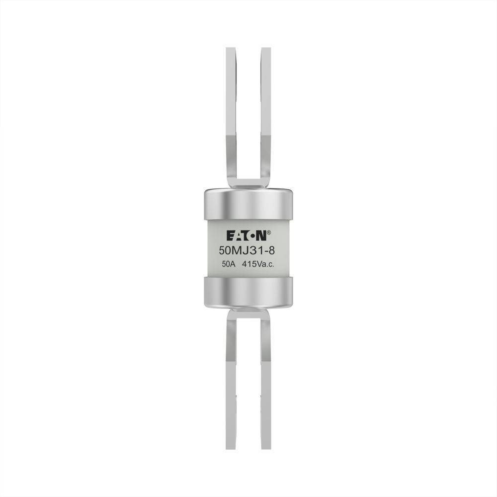 Eine zylindrische elektronische Komponente mit Metallstiften, gekennzeichnet mit 'Eaton 50MJ31-8, 50A, 415V a.c.', die in elektrischen Schaltkreisen zum Schutz verwendet wird.