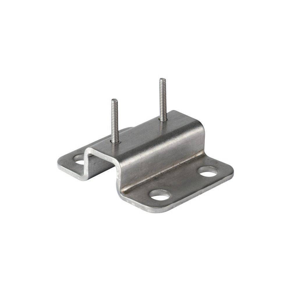 Eine Metallbefestigungshalterung mit zwei Bolzen oben und zwei Löchern an der Basis, die für eine sichere Befestigung bei Bau- oder Montagearbeiten konzipiert ist.