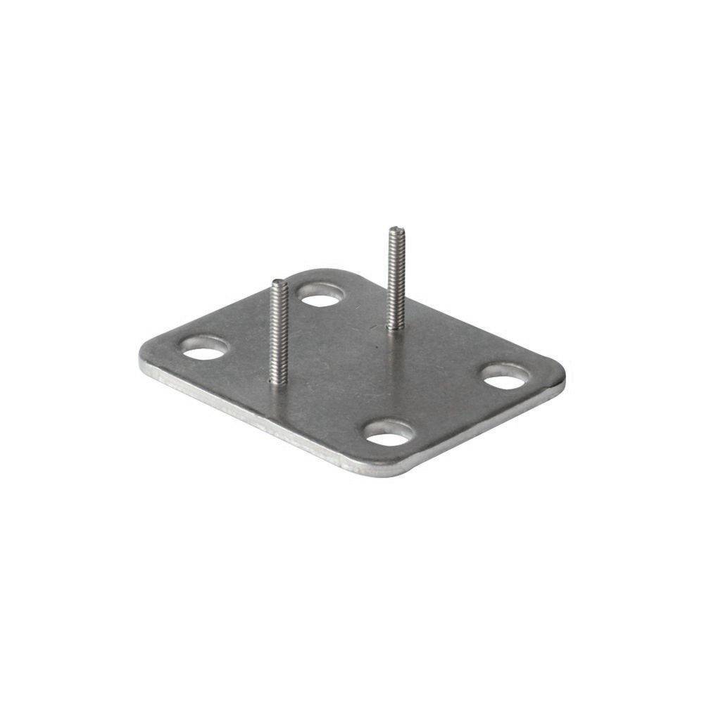 Eine rechteckige Metallmontageplatine mit zwei Gewindestangen und vier Ecklöchern zur Befestigung.