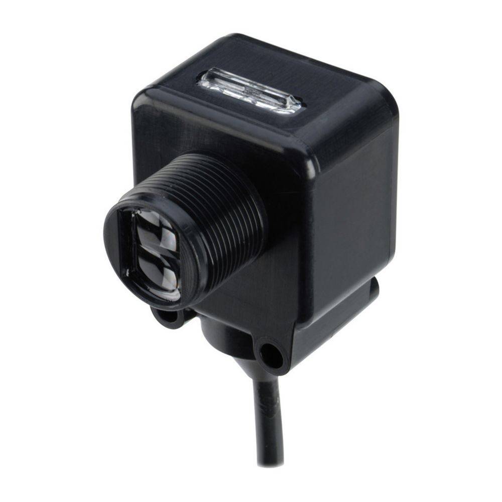 Ein schwarzer quadratischer Sensor mit einer Linse und einem Kabel, das von der Unterseite herausragt, der wahrscheinlich für Erkennungs- oder Scanvorgänge verwendet wird.