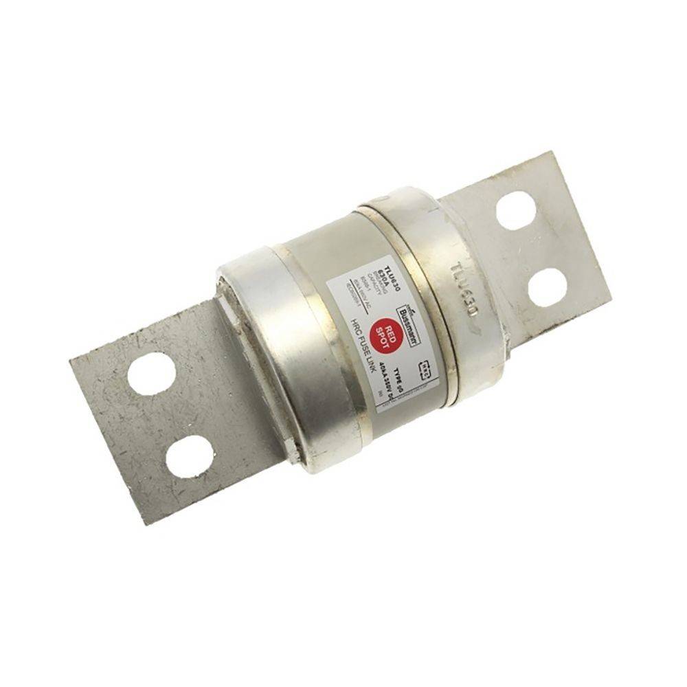 Silberner zylindrischer elektrischer Sicherungseinsatz mit Metallplatten an beiden Enden und einem roten Etikett in der Mitte.