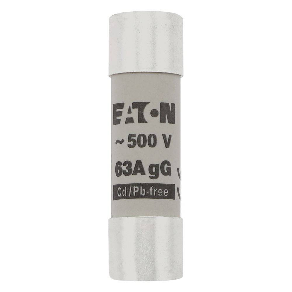 Sicherung mit Eaton-Beschriftung, 500V, 63A gG, silberne Enden. Verwendet für elektrische Sicherheit.