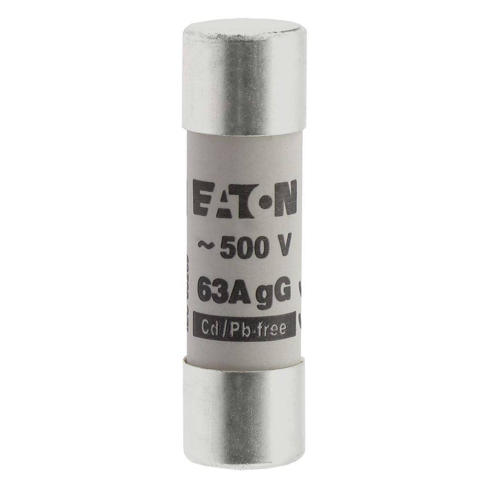 Eine Sicherung mit Zylinderbauform und Metallkappen, beschriftet mit 'Eaton 500V 63A gG, cadmium-/bleifreie Ausführung,' die zur elektrischen Stromkreisabsicherung eingesetzt wird.