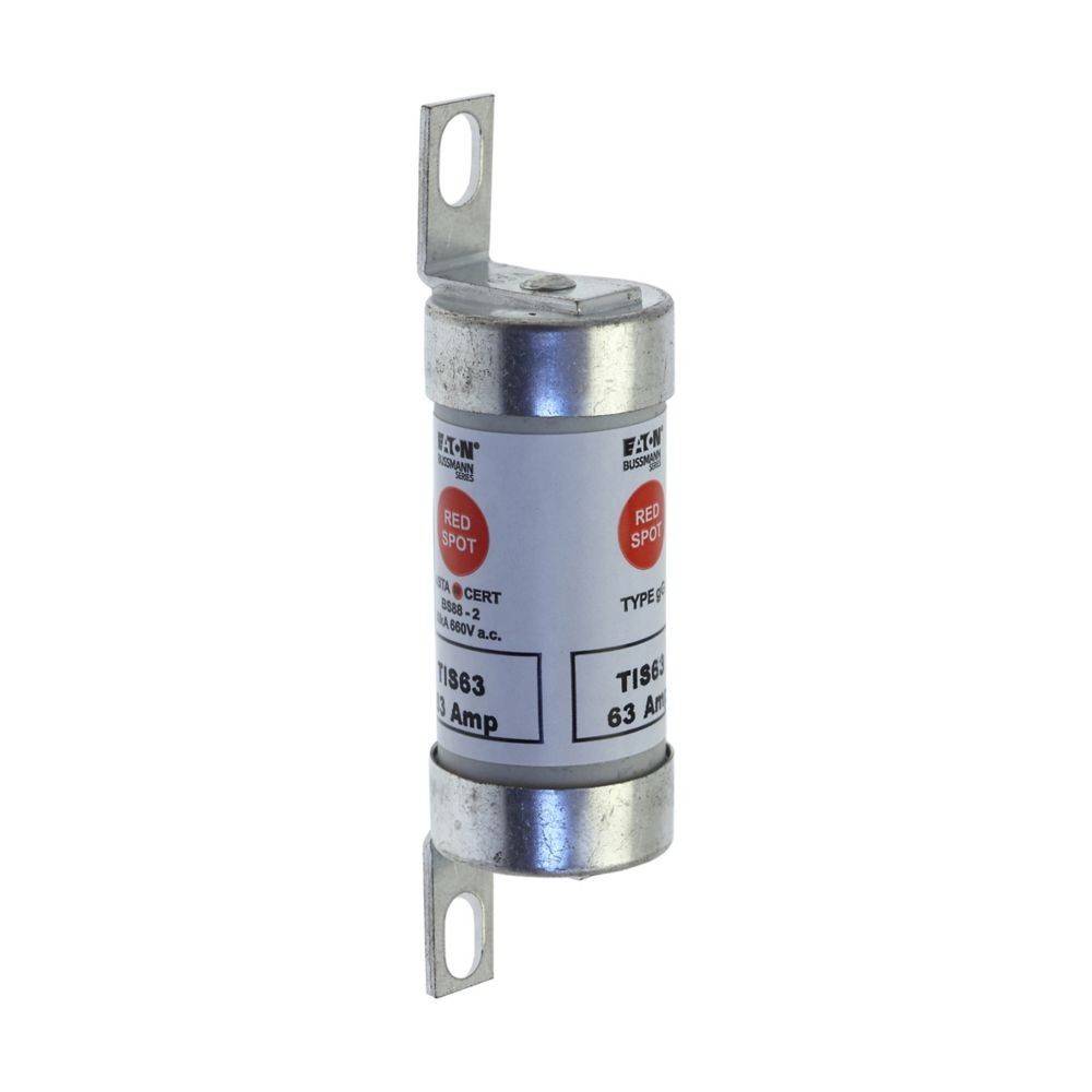 Eine Zylindersicherung mit der Bezeichnung 'Red Spot', ausgelegt für 63 Ampere, mit Metallbefestigungshalterungen an beiden Enden.