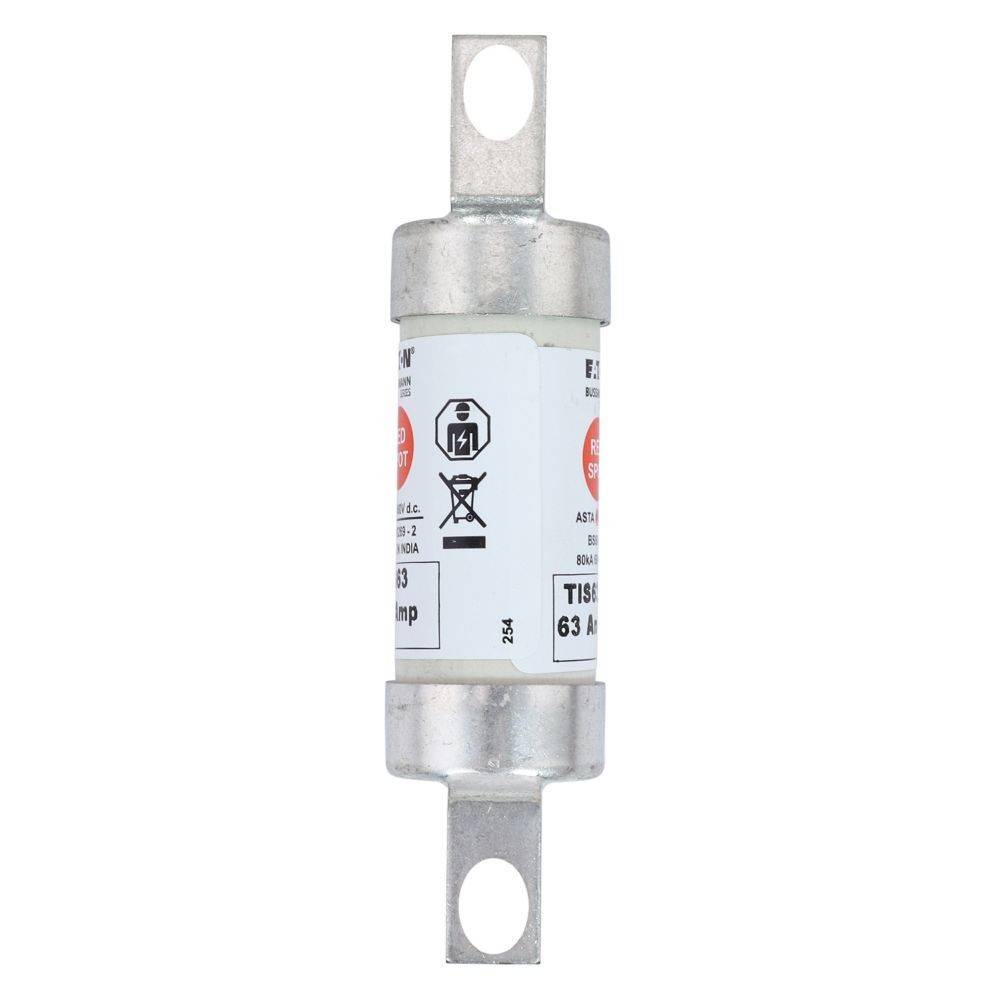 Eine zylindrische elektrische Sicherung mit Metallenden und einem weißen Gehäuse mit Spezifikationen, ausgelegt für 63 Ampere.