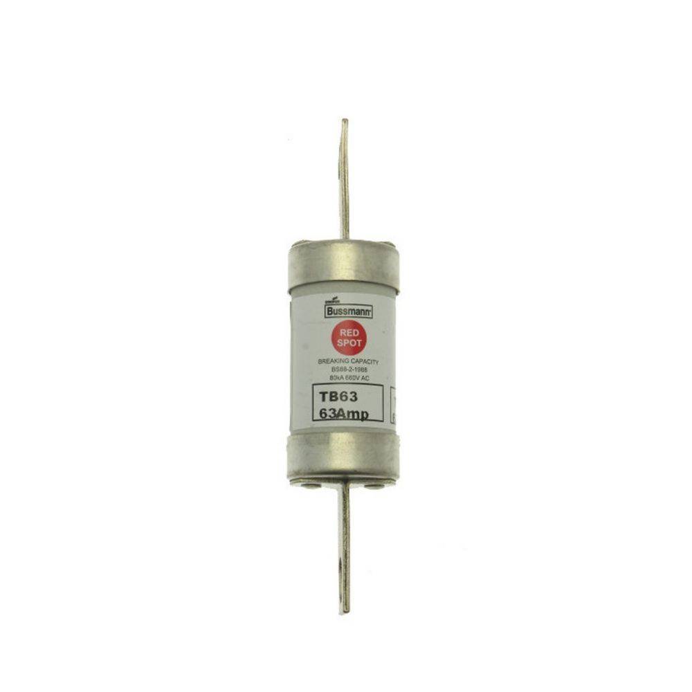 Eine Sicherung in Zylinderform mit der Aufschrift „Bussmann Red Spot TB63 63 Ampere