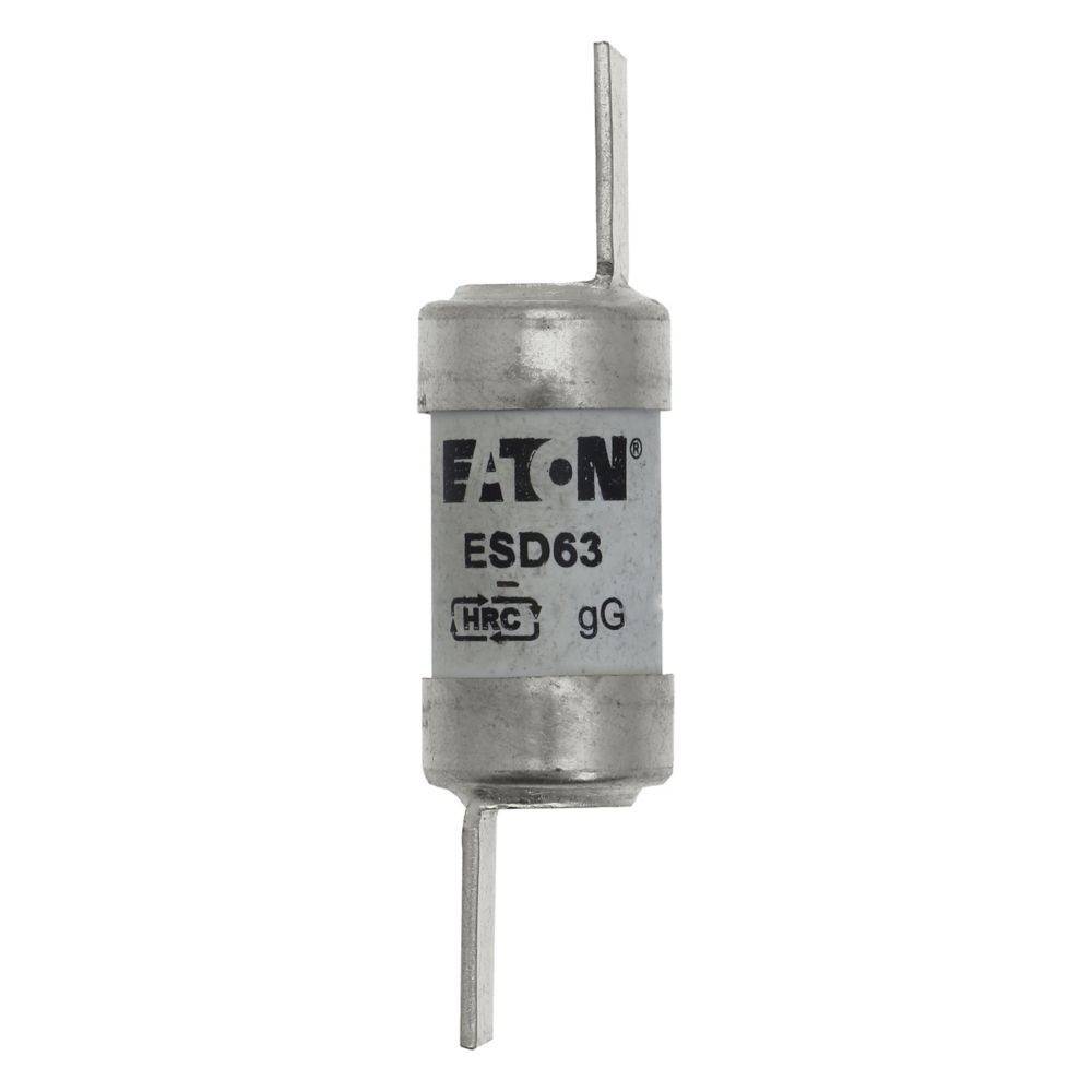 Eaton ESD63' Sicherung mit zwei Metallklemmen und einem zylindrischen Gehäuse, gekennzeichnet mit 'HRC gG', zur Schutz elektrischer Stromkreise.