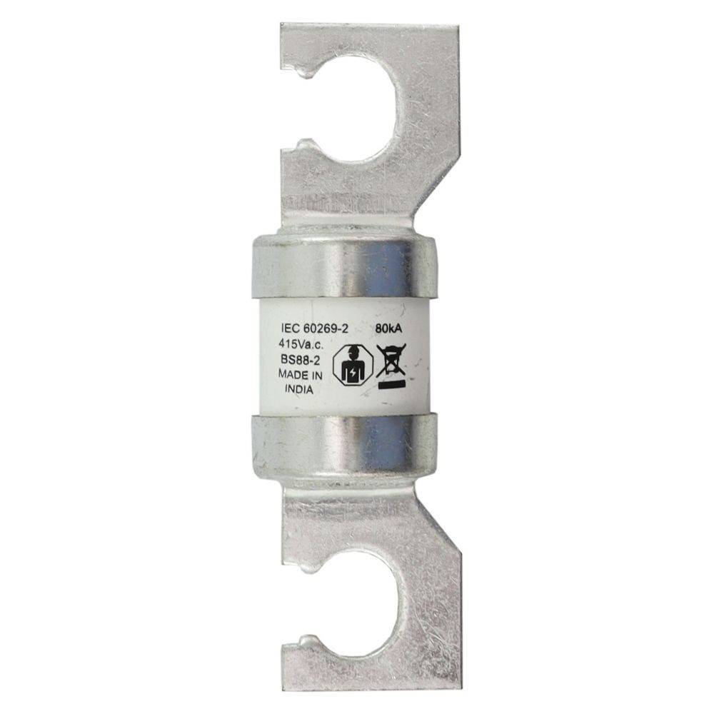 Eine Zylindersicherung mit metallischen Endkappen ist mit 'IEC 60269-2, 415V AC, BS88-2, Made in India, 80kA' gekennzeichnet und mit Standardsymbolen zertifiziert.
