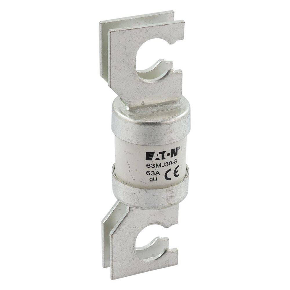 Eine zylindrische elektrische Sicherung mit Metallanschlüssen, gekennzeichnet mit 'Eaton 63MJ30-g 63A CE', die zum Schutz von elektrischen Stromkreisen verwendet wird.