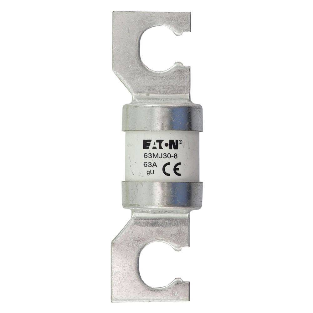 Eine silberne elektrische Sicherung mit einem Etikett, das in schwarzer Schrift 'Eaton 63MJ30-8, 63A, gU, CE' zeigt. Die Sicherung verfügt über flache Montageanschlüsse.