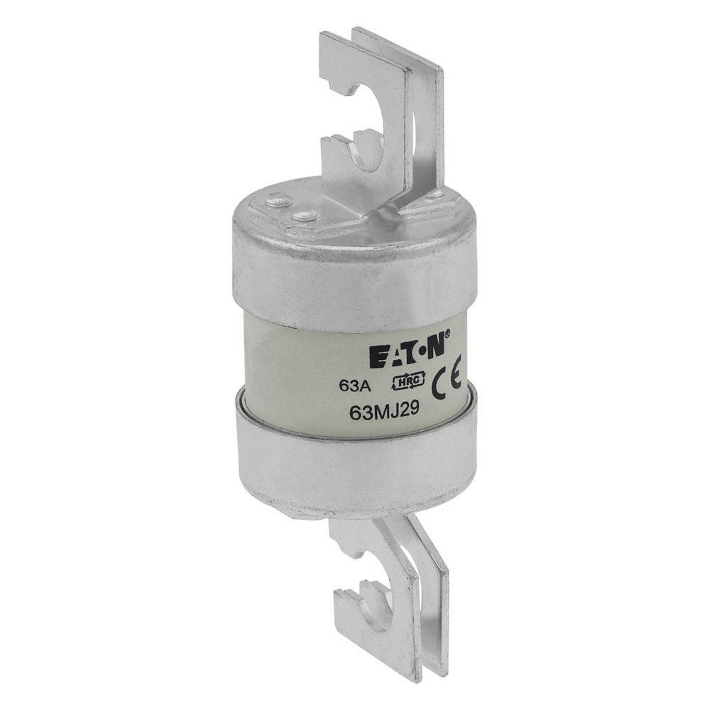 Eine zylindrische elektrische Sicherung mit metallischen Enden, gekennzeichnet mit Eaton 63A und CE-Kennzeichnung, die zum Schutz von Stromkreisen verwendet wird.