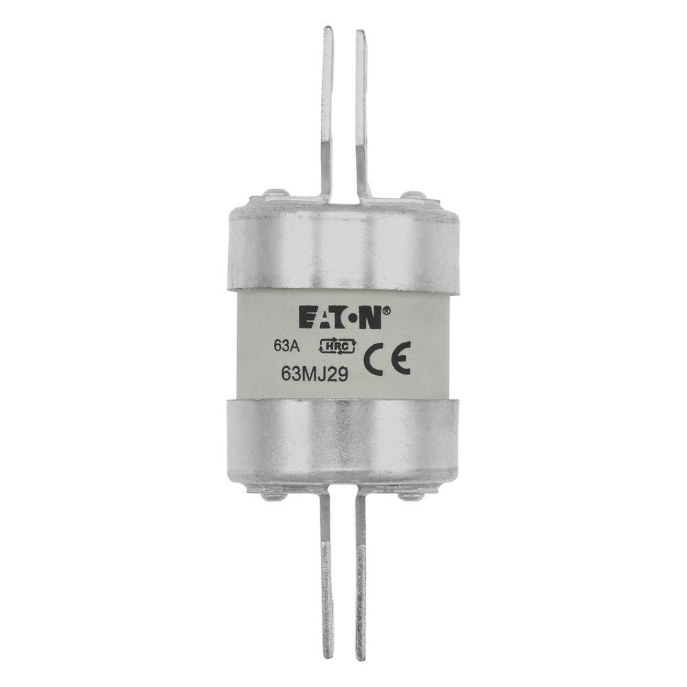 Eine zylindrische elektrische Sicherung mit der Beschriftung 'Eaton Fuse 63A, 63MJ29' und Metallstiften an beiden Enden, versehen mit dem CE-Konformitätszeichen.