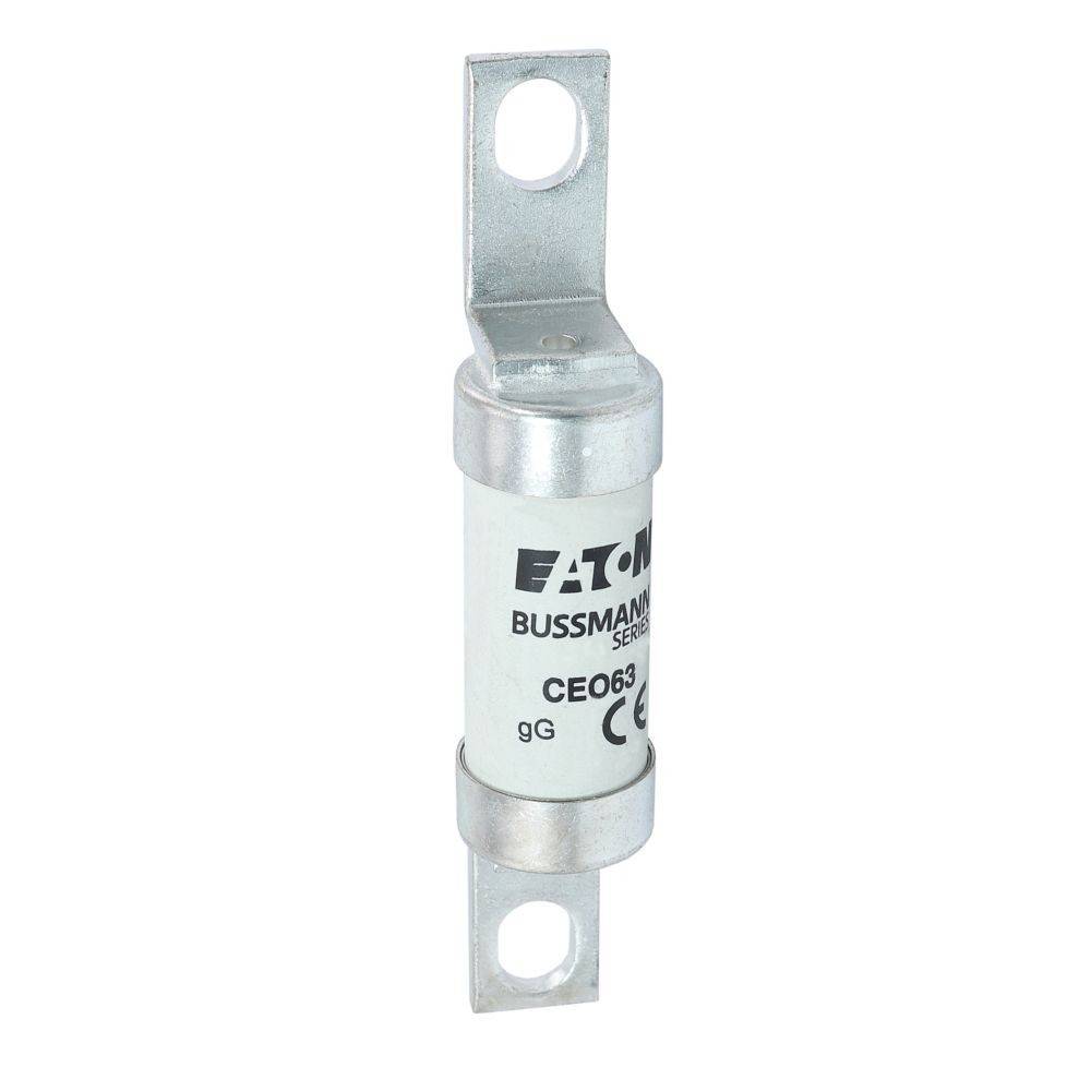 Eaton Bussmann Serie Elektrosicherung mit Metallverbindern an beiden Enden, Modellnummer CEO63C, gekennzeichnet als Typ 'gG' mit CE-Kennzeichnung.