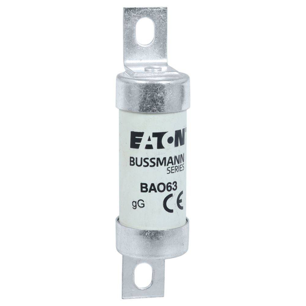 Eine zylindrische elektrische Sicherung mit der Bezeichnung 'Eaton Bussmann Series BAO63 gG.' Sie hat Metallenden zum Anschluss an elektrische Schaltkreise.