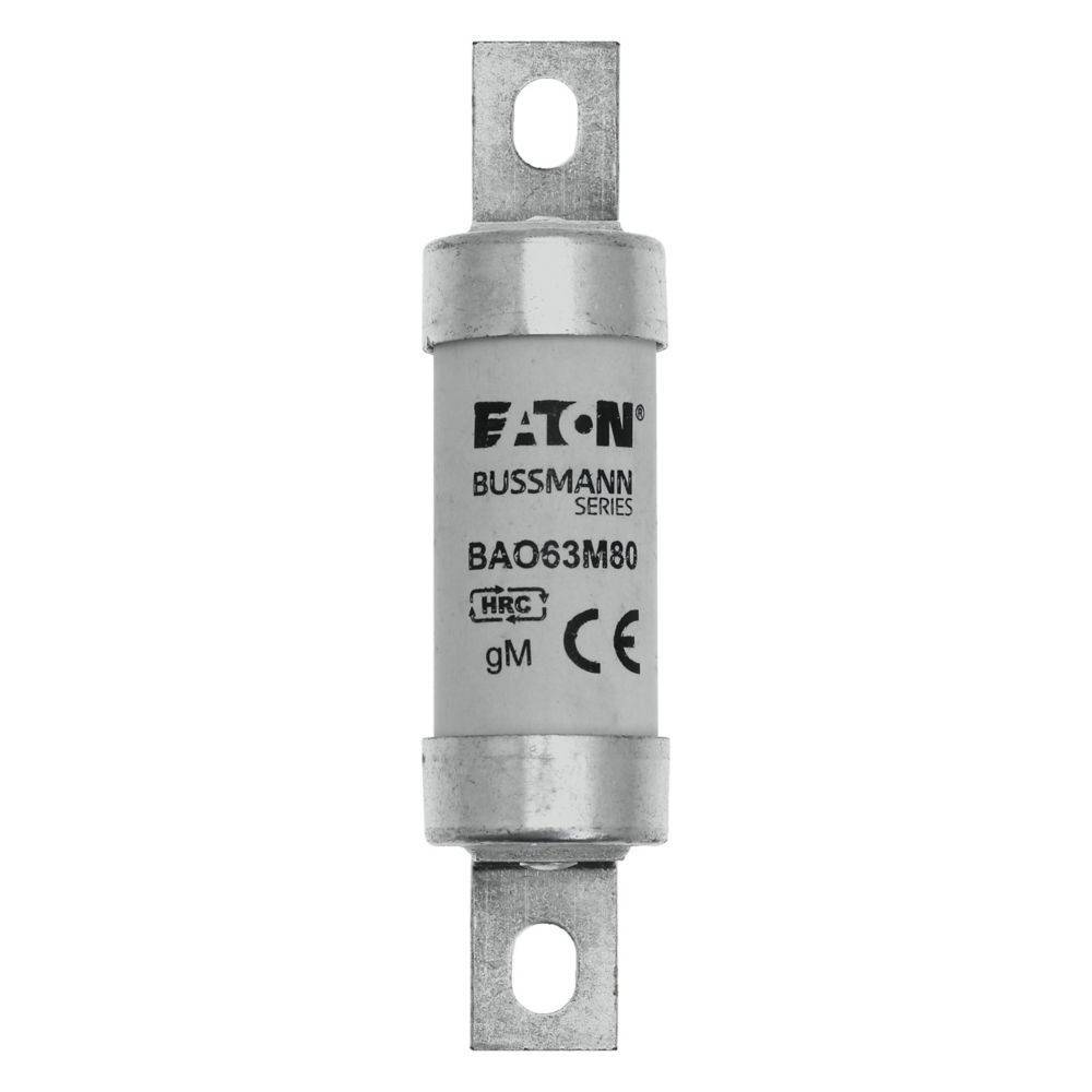 Eine zylindrische Eaton Bussmann Series Sicherung mit metallischen Enden, beschriftet mit '63A 690V' und Zertifizierungszeichen, ausgelegt für den elektrischen Leitungsschutz.