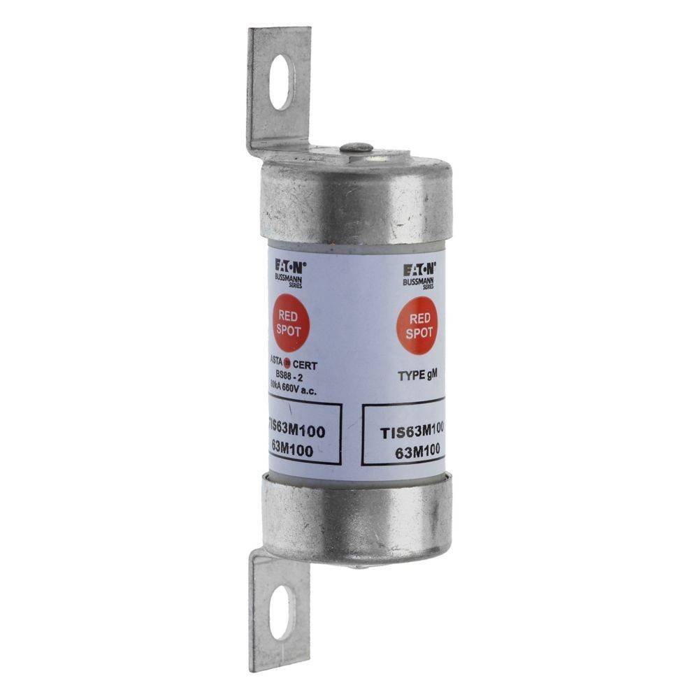 Eine zylindrische Eaton-Sicherung mit Anschlüssen an beiden Enden, beschriftet mit 'Red Spot' und 'Type QM'. Sie ist aus Metall mit einem weißen Etikett.