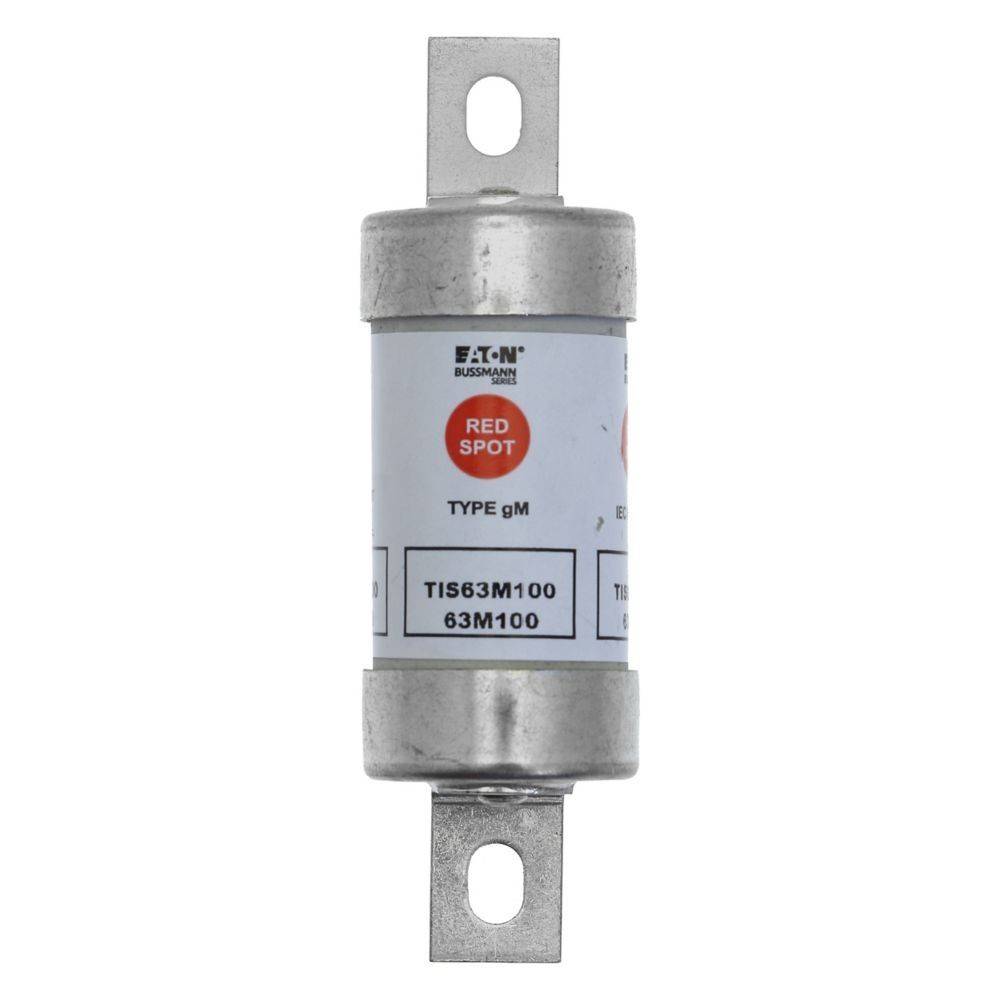 Eine zylindrische Metallsicherung mit der Beschriftung 'Eaton Bussmann Red Spot Type gM 63M100', die in elektrischen Anwendungen zum Schutz vor Überstrom verwendet wird.