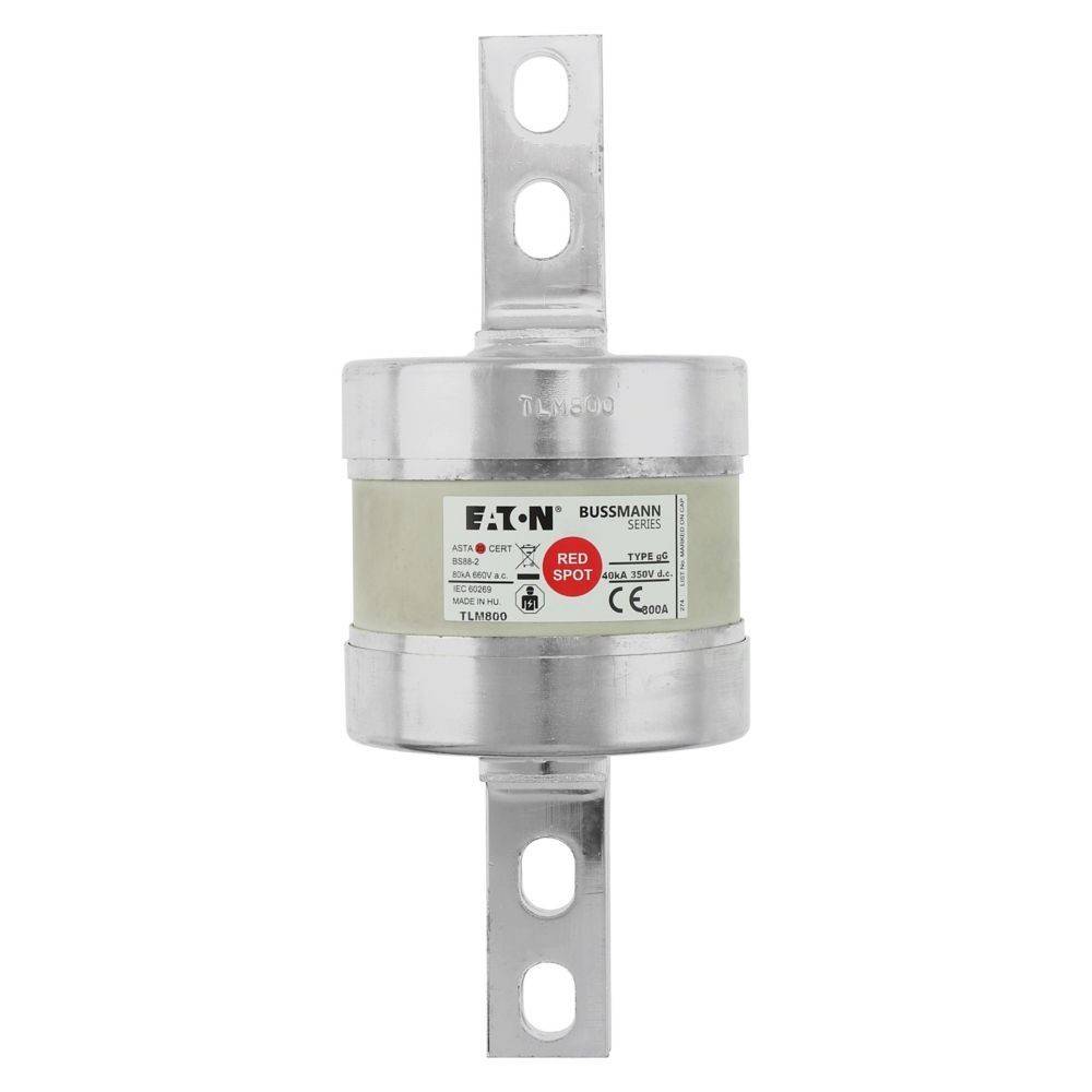 Eine zylindrische Metallfuse mit Etiketten, die die Marke 'Eaton Bussmann', 'Red Spot' und Spezifikationen für die elektrische Nutzung zeigen.